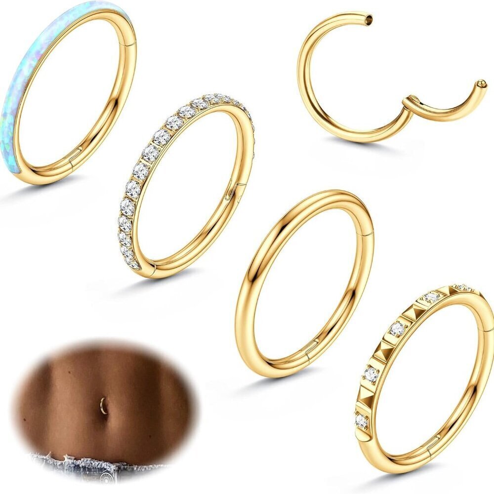 14G Surgical Steel Belly Button Rings 4 Pack CZ Opal Clicker Hoop Navel Jewelry
